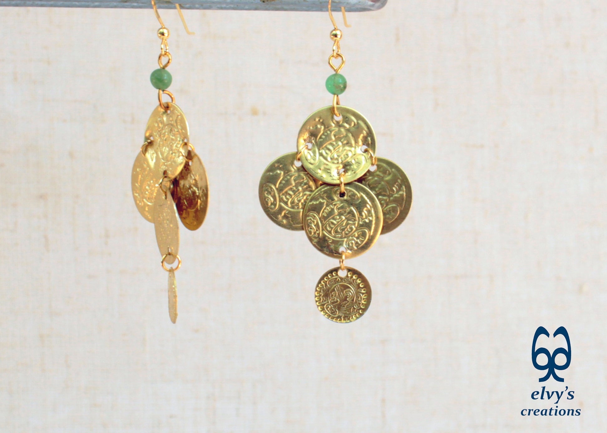 Gold Folklore Earrings, Coin Dangle Greek Traditional Jewelry, Sterling Silver Gold Plated Gypsy Jewelry, Gemstone