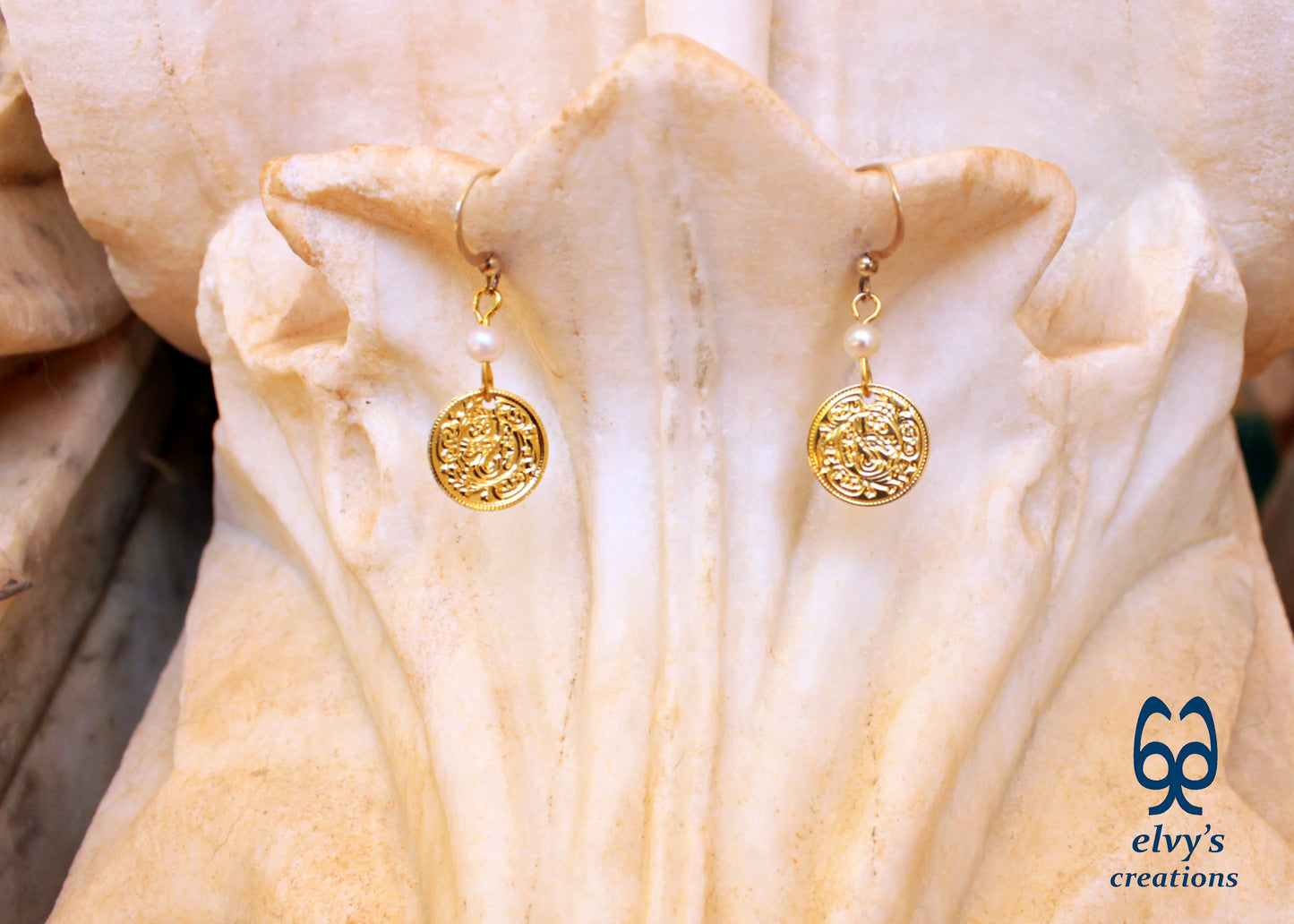 Gold Folklore Earrings Coin Dangle Drop Greek Traditional Jewelry 925 Sterling Silver Gold Plated Gypsy Jewelry Pearl