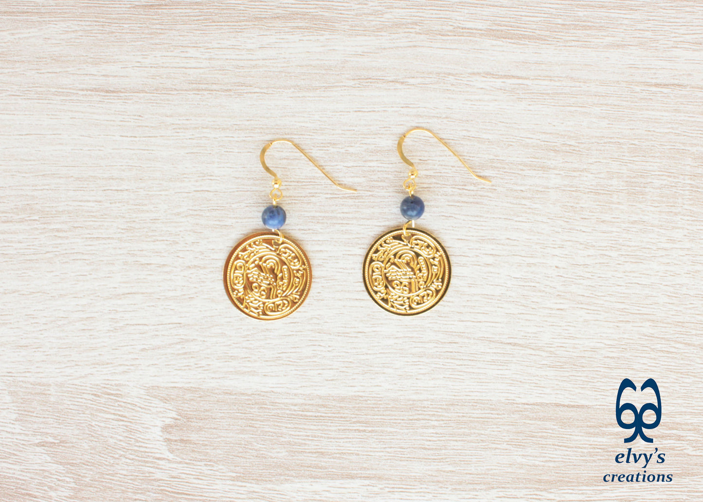 Gold Folklore Earrings Coin Dangle Drop Greek Traditional Jewelry 925 Sterling Silver Gold Plated Gypsy Jewelry Blue Sodalite Gemstone