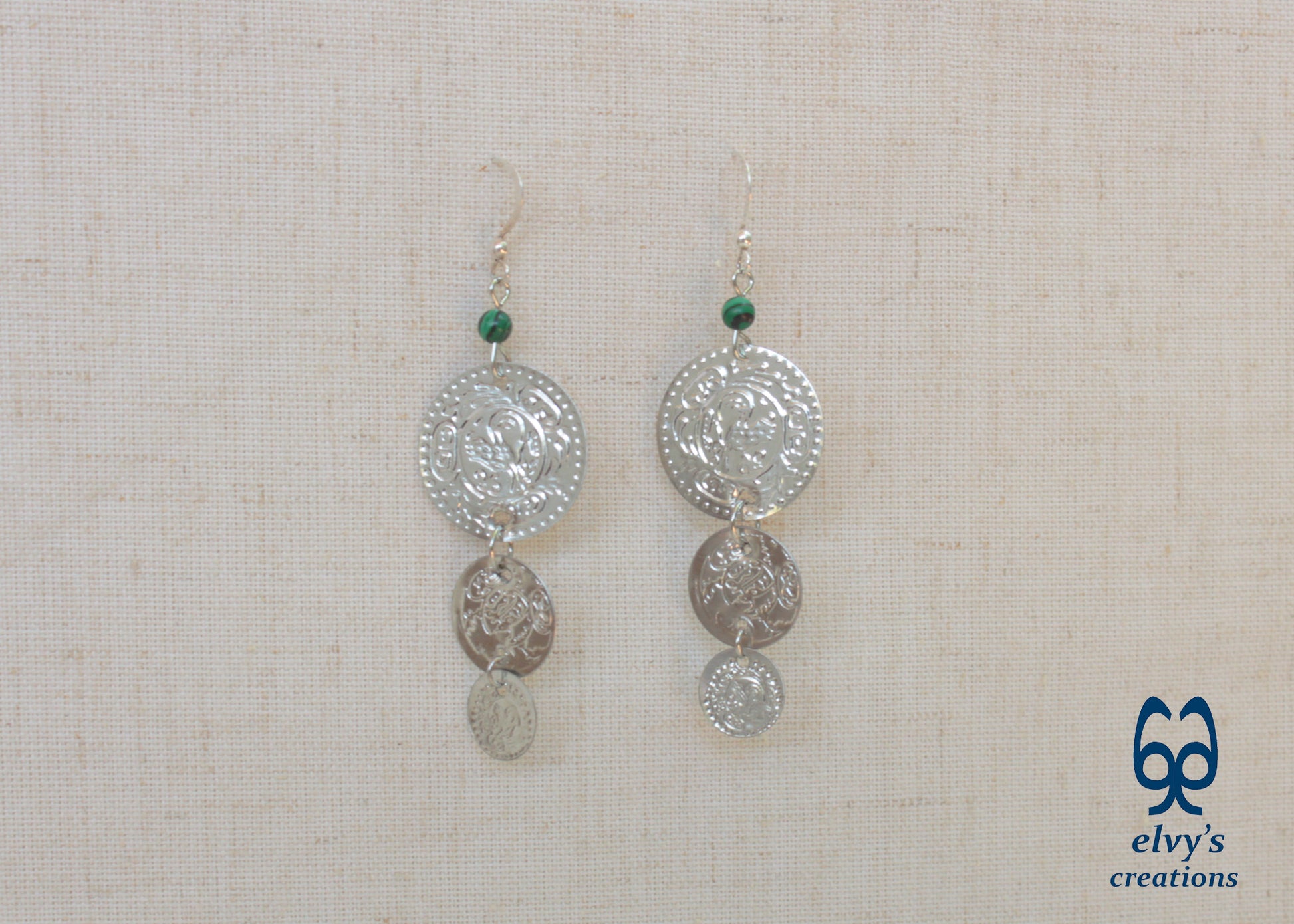 Gold Folklore Earrings, Coin Dangle Greek Traditional Jewelry, Sterling Silver Gold Plated Gypsy Jewelry, Gemstone