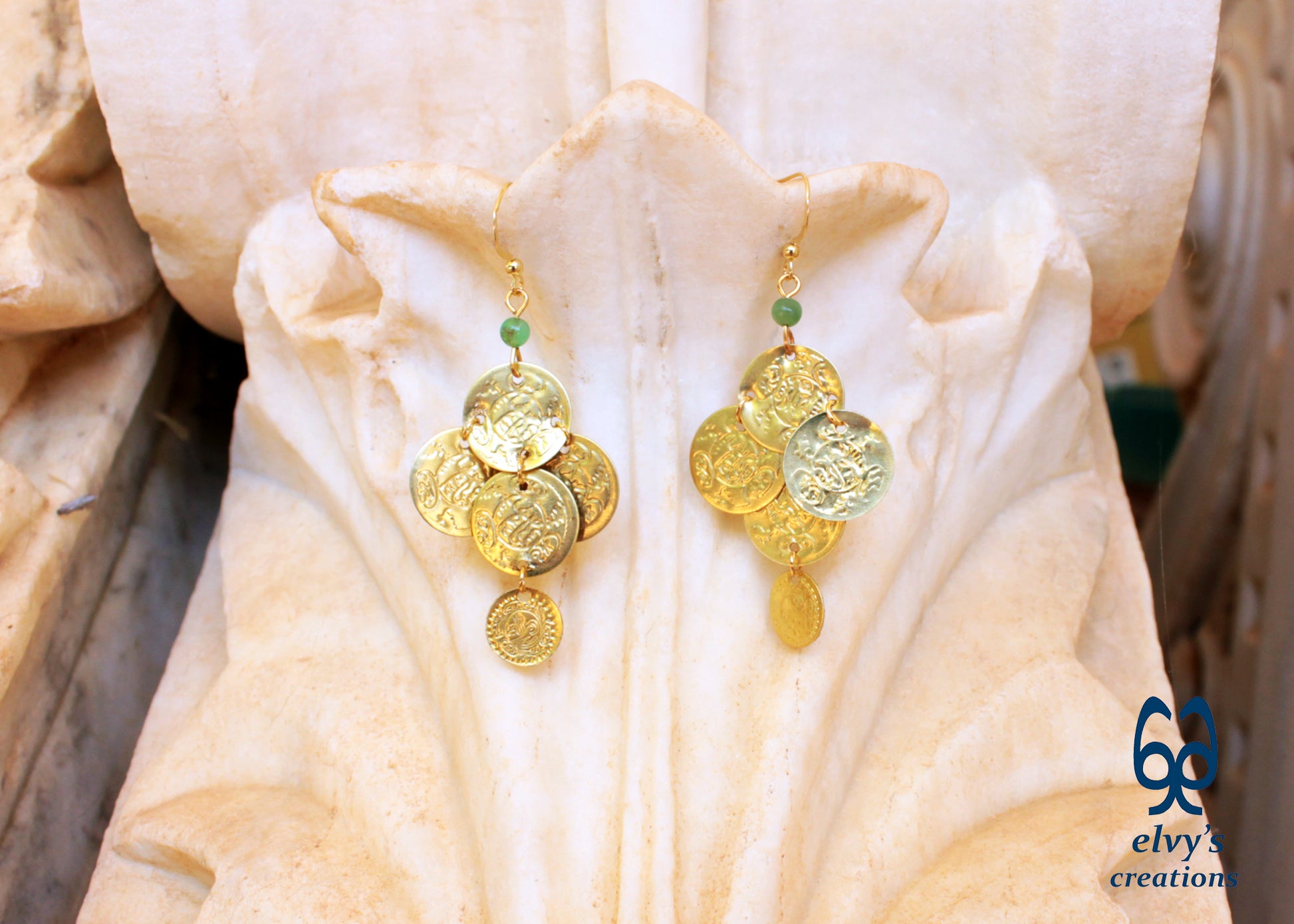 Gold Folklore Earrings, Coin Dangle Greek Traditional Jewelry, Sterling Silver Gold Plated Gypsy Jewelry, Gemstone