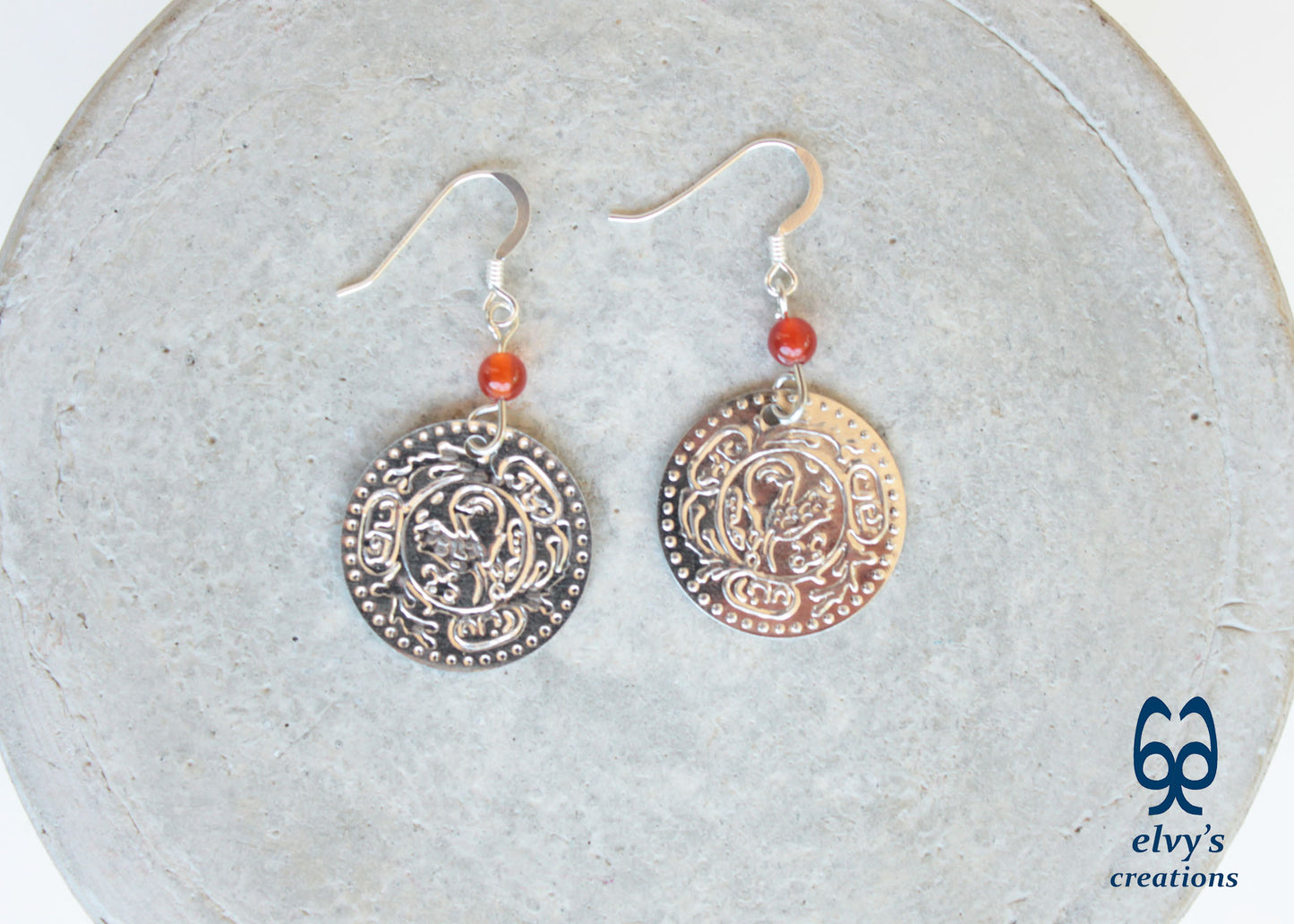 Silver Folklore Earrings Coin Dangle Drop Greek Traditional Jewelry 925 Sterling Silver Gypsy Jewelry Orange Carnelian Gemstone