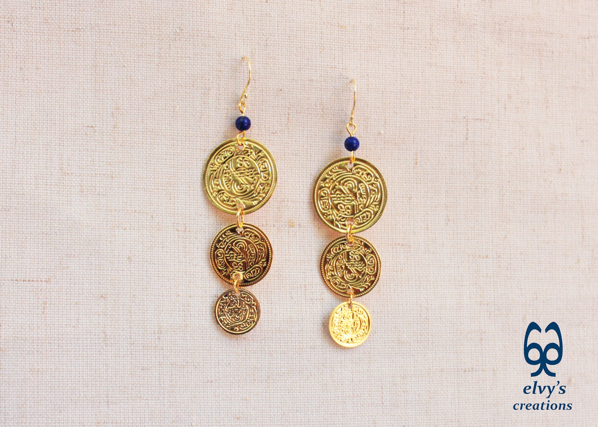 Gold Folklore Earrings, Coin Dangle Greek Traditional Jewelry, Sterling Silver Gold Plated Gypsy Jewelry, Gemstone