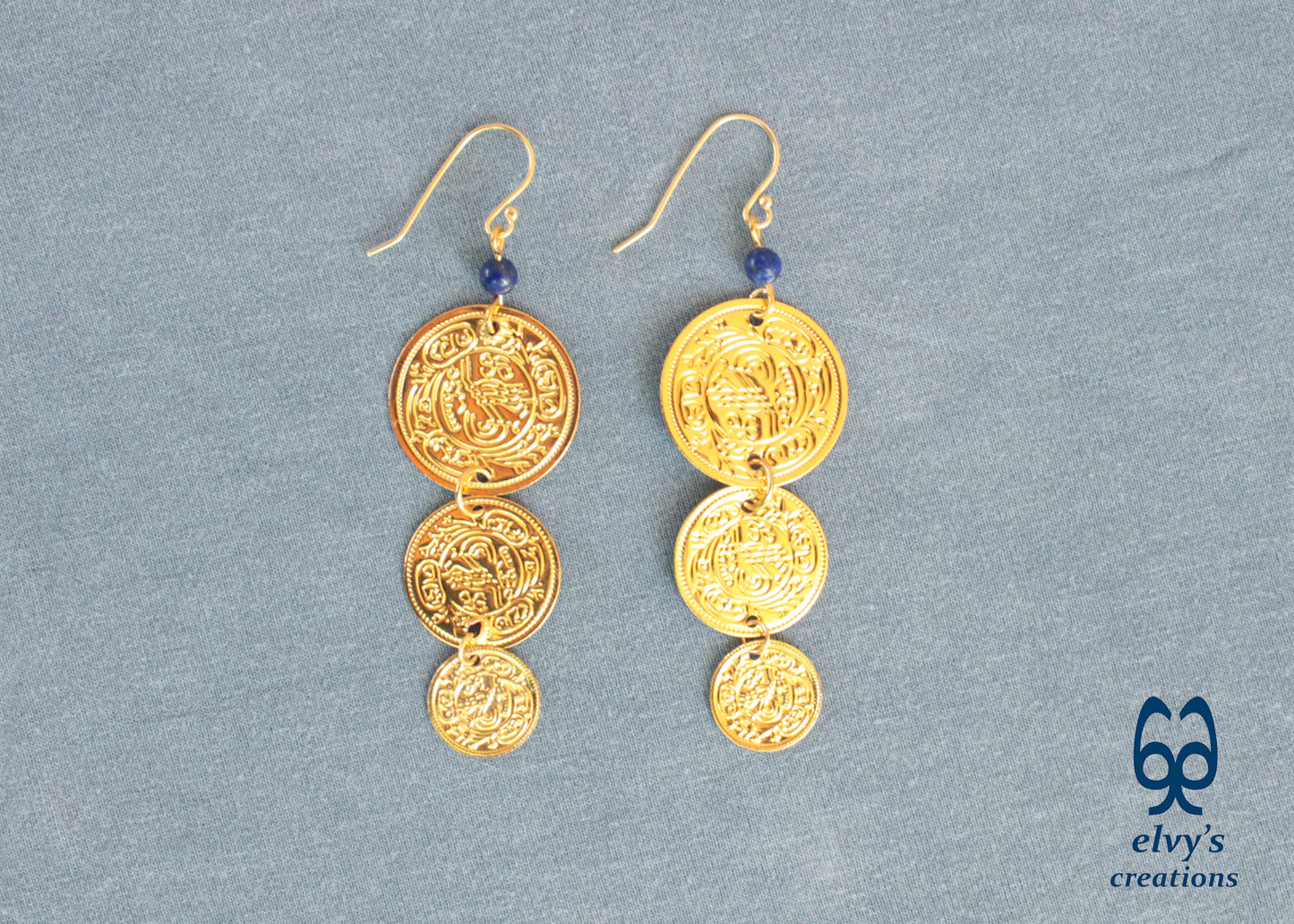 Gold Folklore Earrings, Coin Dangle Greek Traditional Jewelry, Sterling Silver Gold Plated Gypsy Jewelry, Gemstone