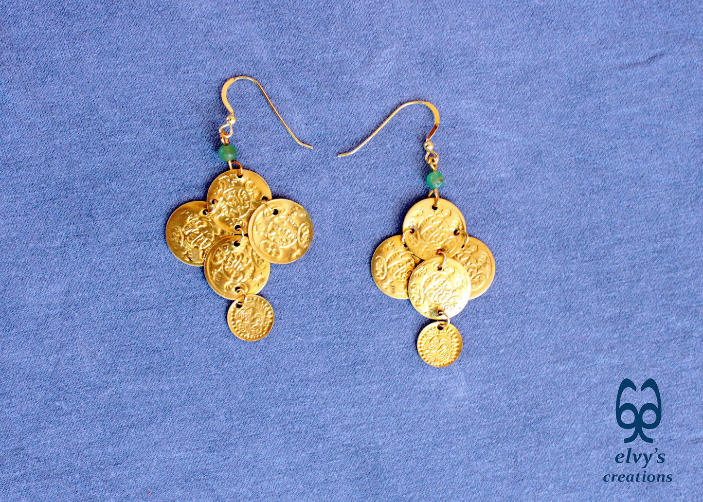 Gold Folklore Earrings, Coin Dangle Greek Traditional Jewelry, Sterling Silver Gold Plated Gypsy Jewelry, Gemstone