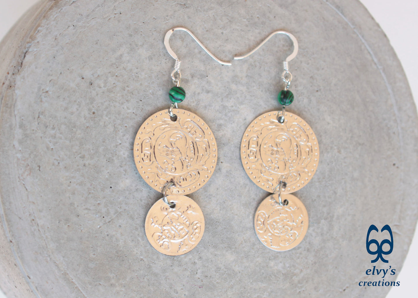 Silver Folklore Earrings Coin Dangle Drop Greek Traditional Jewelry 925 Sterling Silver Gypsy Jewelry Green Malachite Gemstone