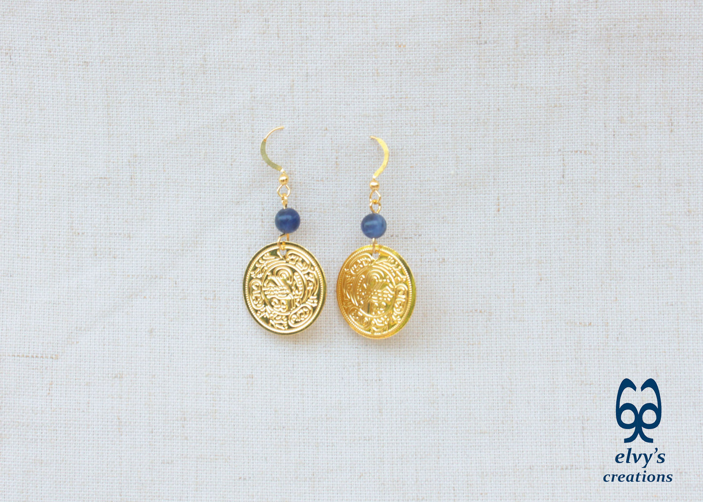 Gold Folklore Earrings Coin Dangle Drop Greek Traditional Jewelry 925 Sterling Silver Gold Plated Gypsy Jewelry Blue Sodalite Gemstone