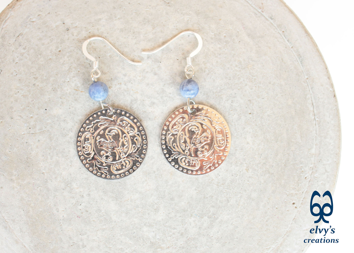 Gold Folklore Earrings Coin Dangle Drop Greek Traditional Jewelry 925 Sterling Silver Gypsy Jewelry Blue Sodalite Gemstone