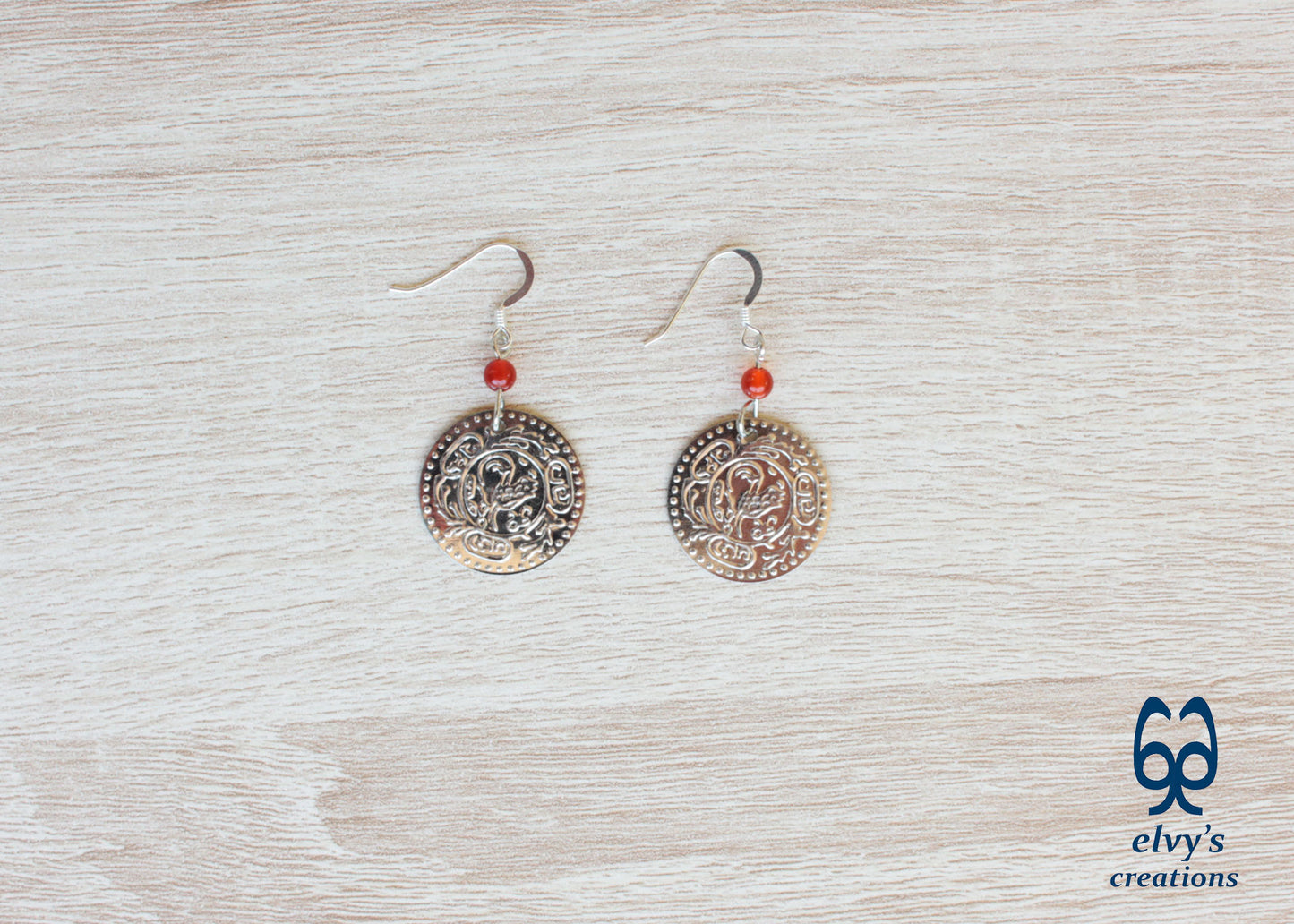 Silver Folklore Earrings Coin Dangle Drop Greek Traditional Jewelry 925 Sterling Silver Gypsy Jewelry Orange Carnelian Gemstone