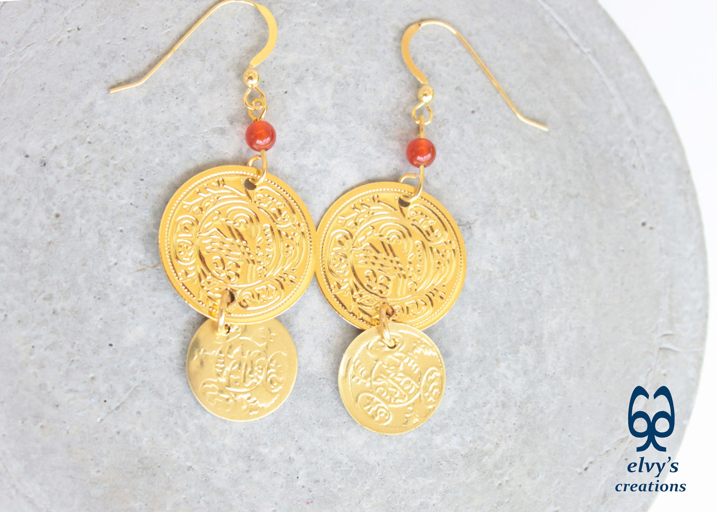 Gold Folklore Earrings, Coin Dangle Greek Traditional Jewelry, Sterling Silver Gold Plated Gypsy Jewelry, Gemstone