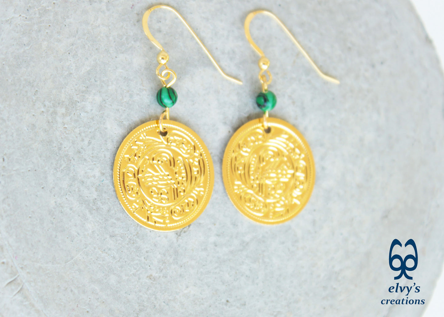 Gold Folklore Earrings Coin Dangle Drop Greek Traditional Jewelry 925 Sterling Silver Gold Plated Gypsy Jewelry Green Malachite Gemstone