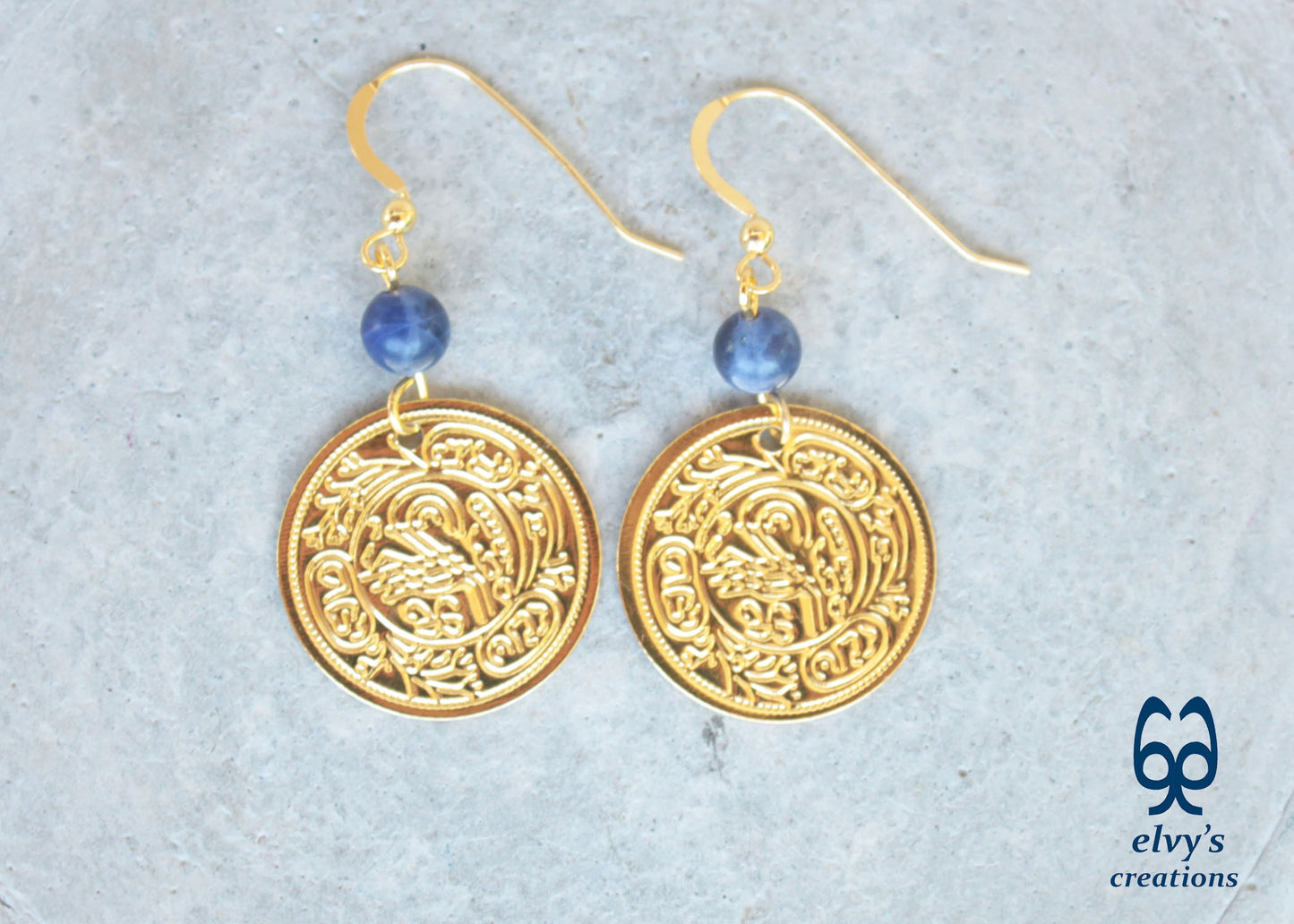 Gold Folklore Earrings Coin Dangle Drop Greek Traditional Jewelry 925 Sterling Silver Gold Plated Gypsy Jewelry Blue Sodalite Gemstone