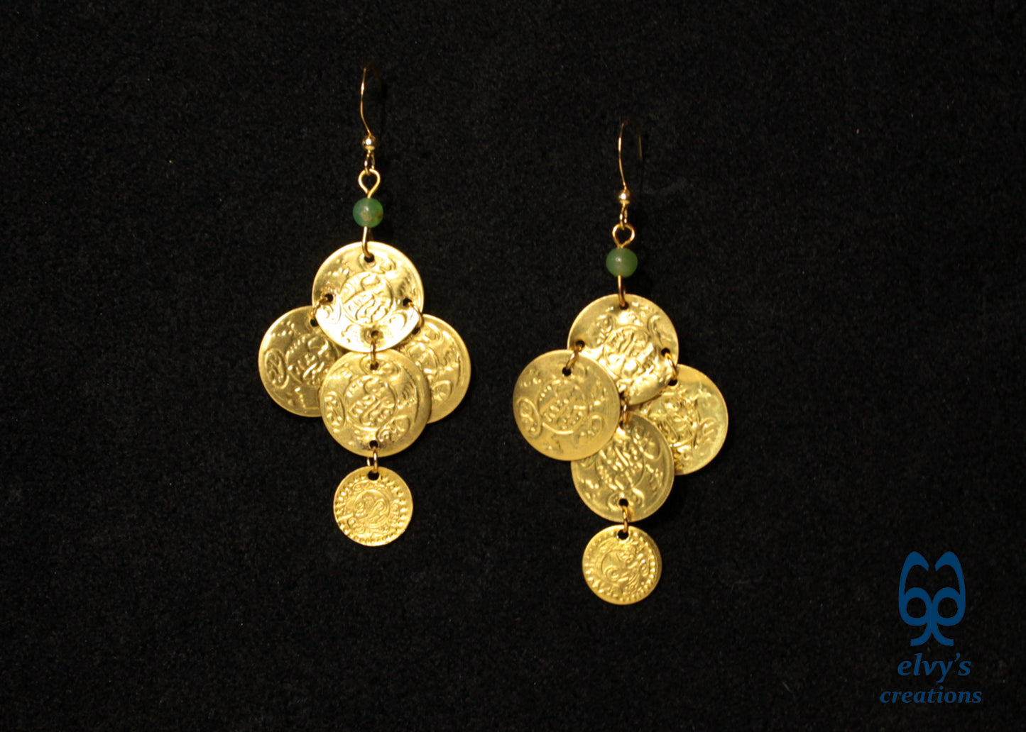 Gold Folklore Earrings, Coin Dangle Greek Traditional Jewelry, Sterling Silver Gold Plated Gypsy Jewelry, Gemstone