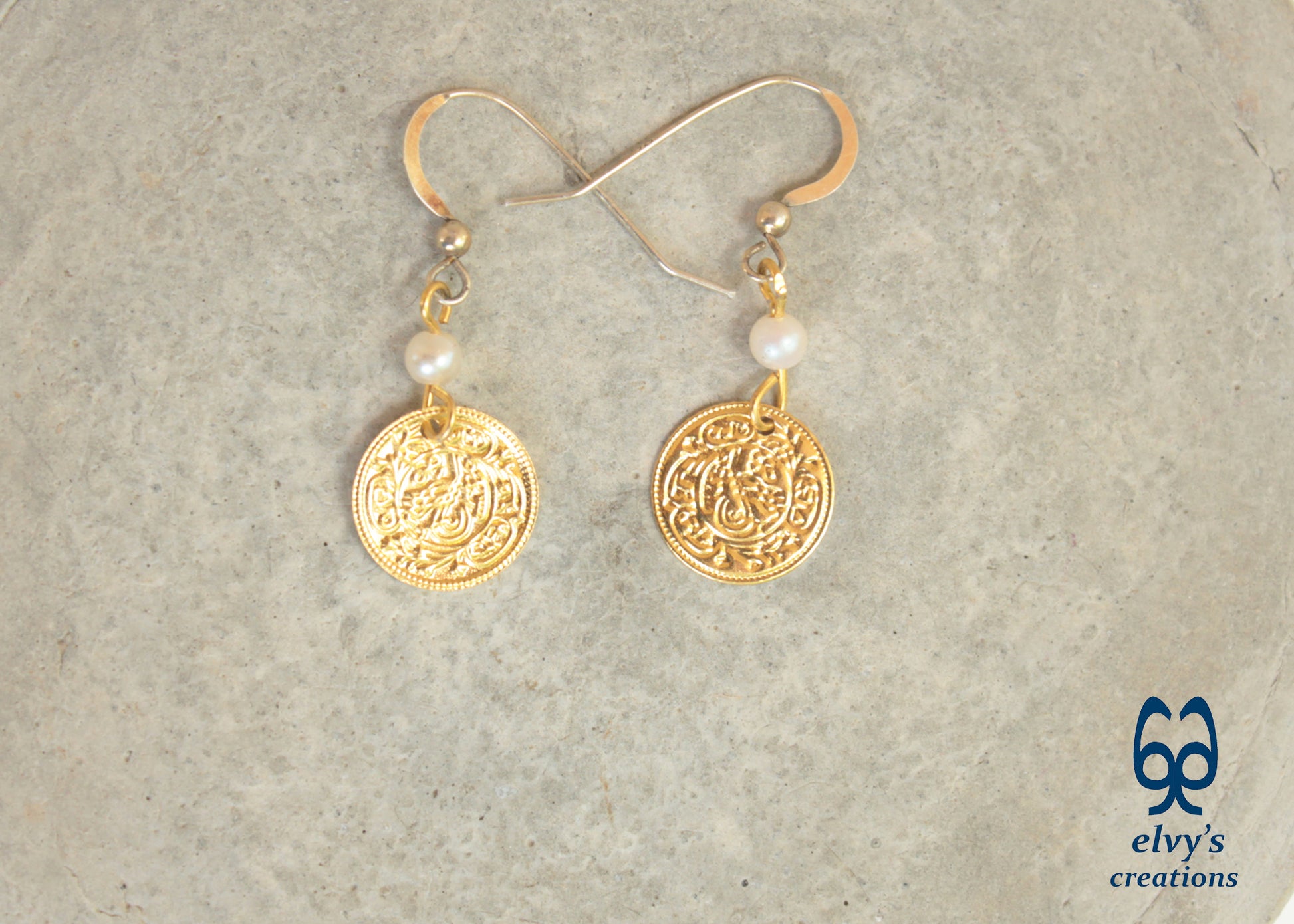 Gold Folklore Earrings Coin Dangle Drop Greek Traditional Jewelry 925 Sterling Silver Gold Plated Gypsy Jewelry Pearl