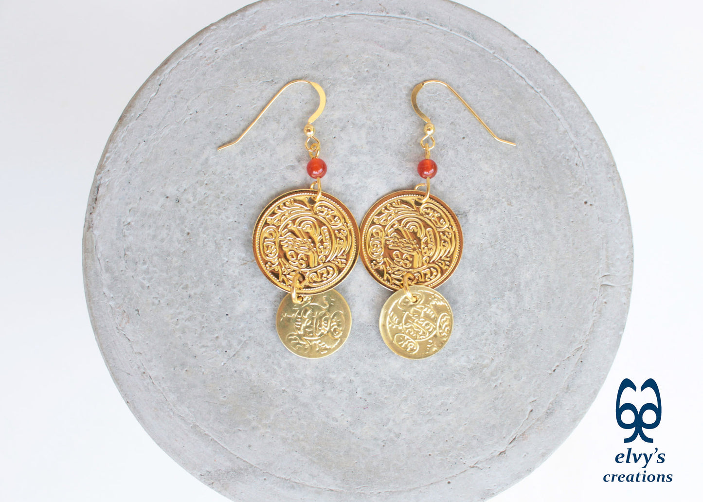 Gold Folklore Earrings, Coin Dangle Greek Traditional Jewelry, Sterling Silver Gold Plated Gypsy Jewelry, Gemstone