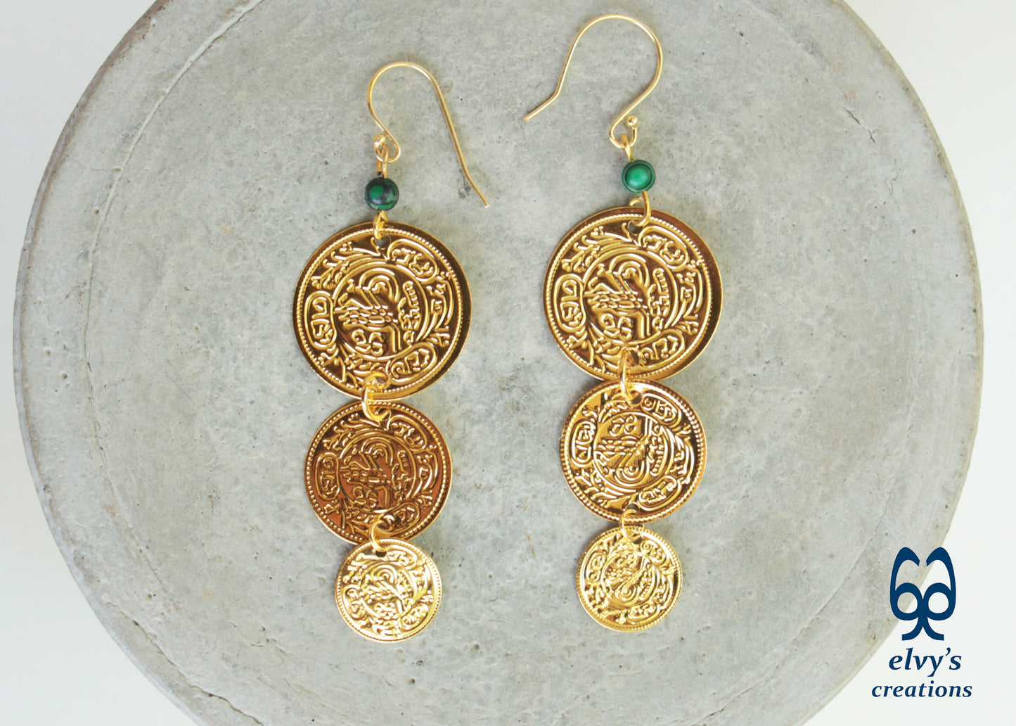 Gold Folklore Earrings, Coin Dangle Greek Traditional Jewelry, Sterling Silver Gold Plated Gypsy Jewelry, Gemstone