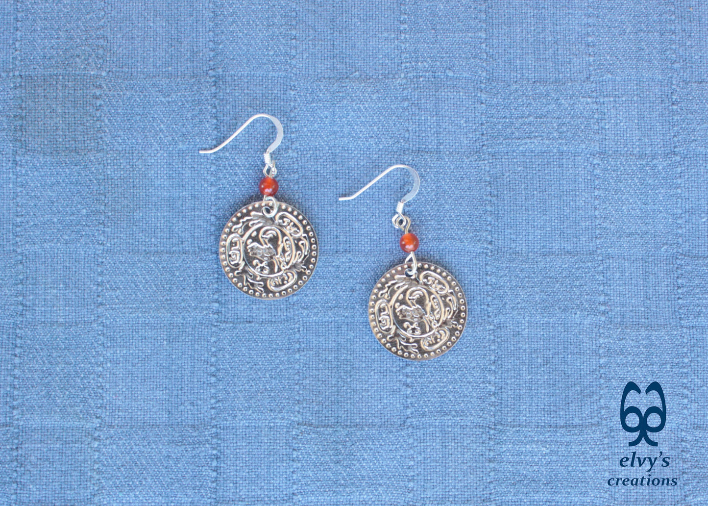 Silver Folklore Earrings Coin Dangle Drop Greek Traditional Jewelry 925 Sterling Silver Gypsy Jewelry Orange Carnelian Gemstone