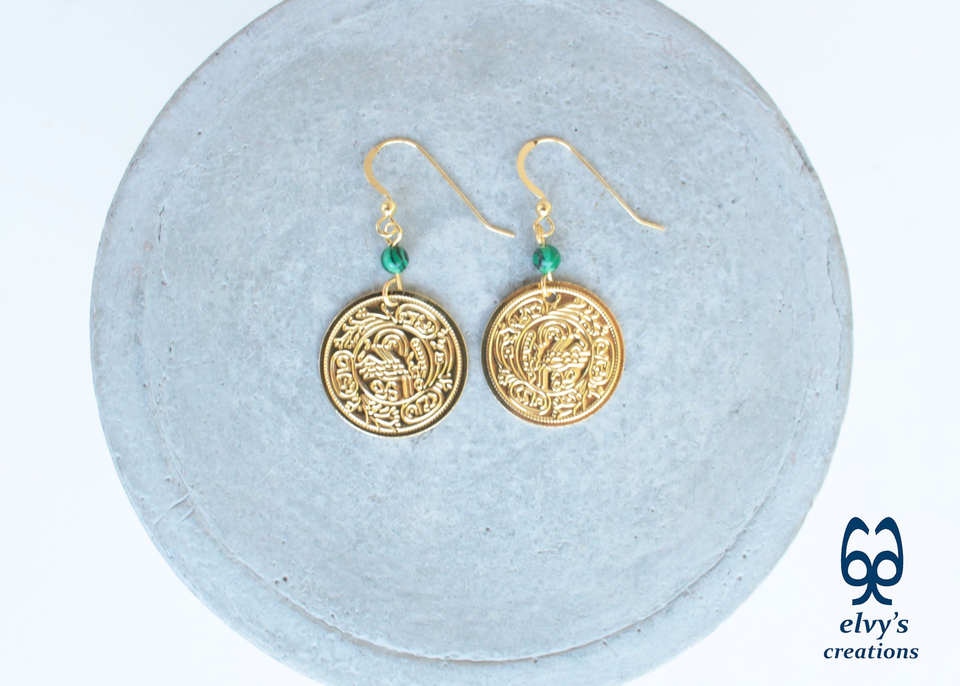 Gold Folklore Earrings Coin Dangle Drop Greek Traditional Jewelry 925 Sterling Silver Gold Plated Gypsy Jewelry Green Malachite Gemstone