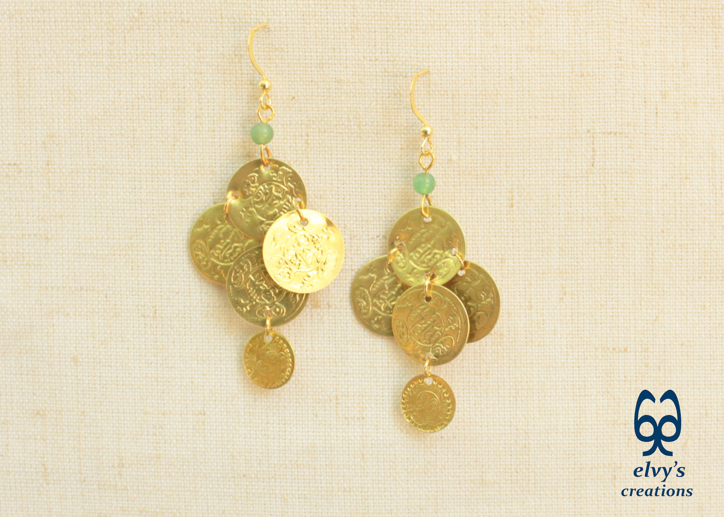 Gold Folklore Earrings, Coin Dangle Greek Traditional Jewelry, Sterling Silver Gold Plated Gypsy Jewelry, Gemstone