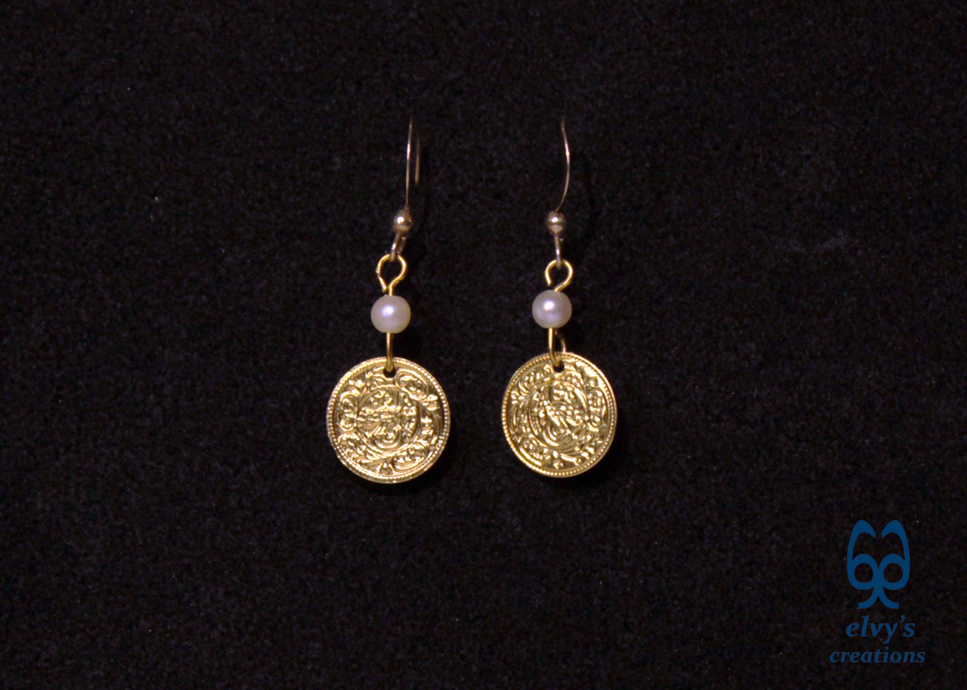 Gold Folklore Earrings Coin Dangle Drop Greek Traditional Jewelry 925 Sterling Silver Gold Plated Gypsy Jewelry Pearl