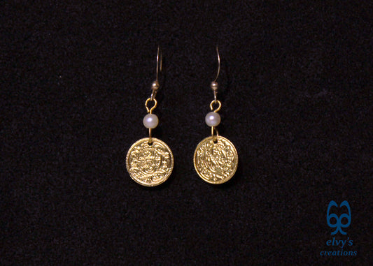 Gold Folklore Earrings Coin Dangle Drop Greek Traditional Jewelry 925 Sterling Silver Gold Plated Gypsy Jewelry Pearl