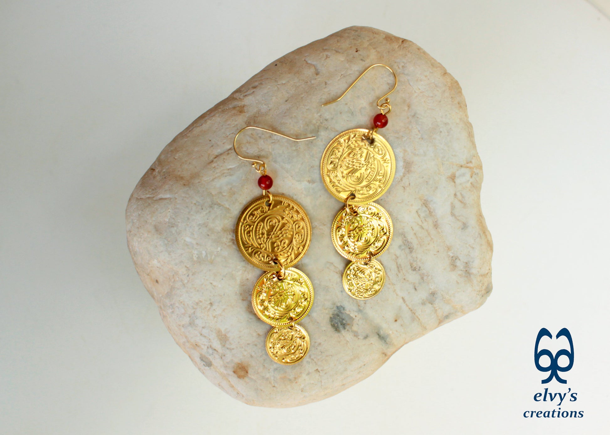 Gold Folklore Earrings, Coin Dangle Greek Traditional Jewelry, Sterling Silver Gold Plated Gypsy Jewelry, Gemstone