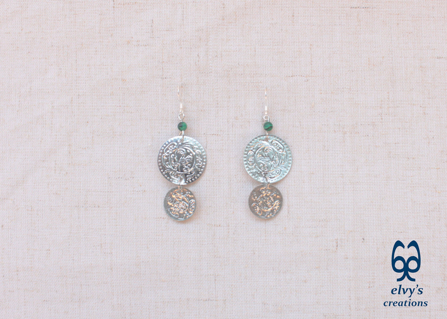 Silver Folklore Earrings Coin Dangle Drop Greek Traditional Jewelry 925 Sterling Silver Gypsy Jewelry Green Malachite Gemstone