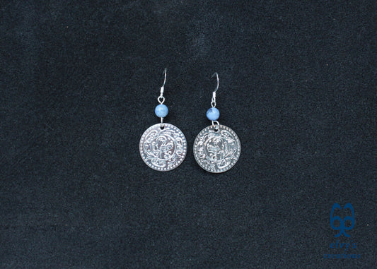 Gold Folklore Earrings Coin Dangle Drop Greek Traditional Jewelry 925 Sterling Silver Gypsy Jewelry Blue Sodalite Gemstone