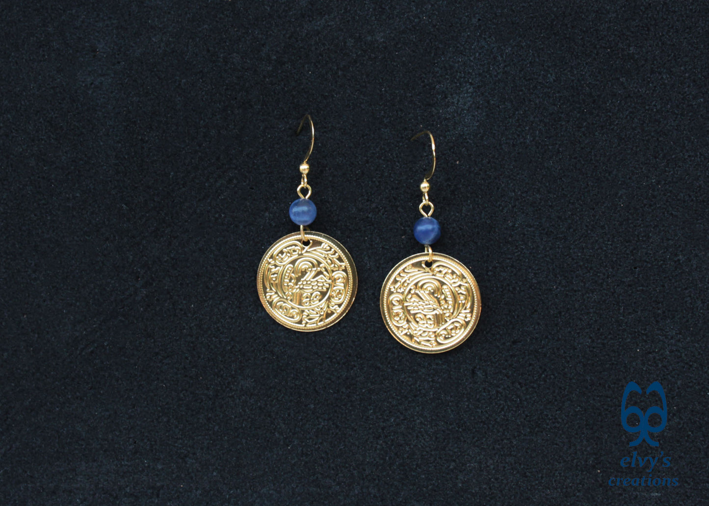 Gold Folklore Earrings Coin Dangle Drop Greek Traditional Jewelry 925 Sterling Silver Gold Plated Gypsy Jewelry Blue Sodalite Gemstone