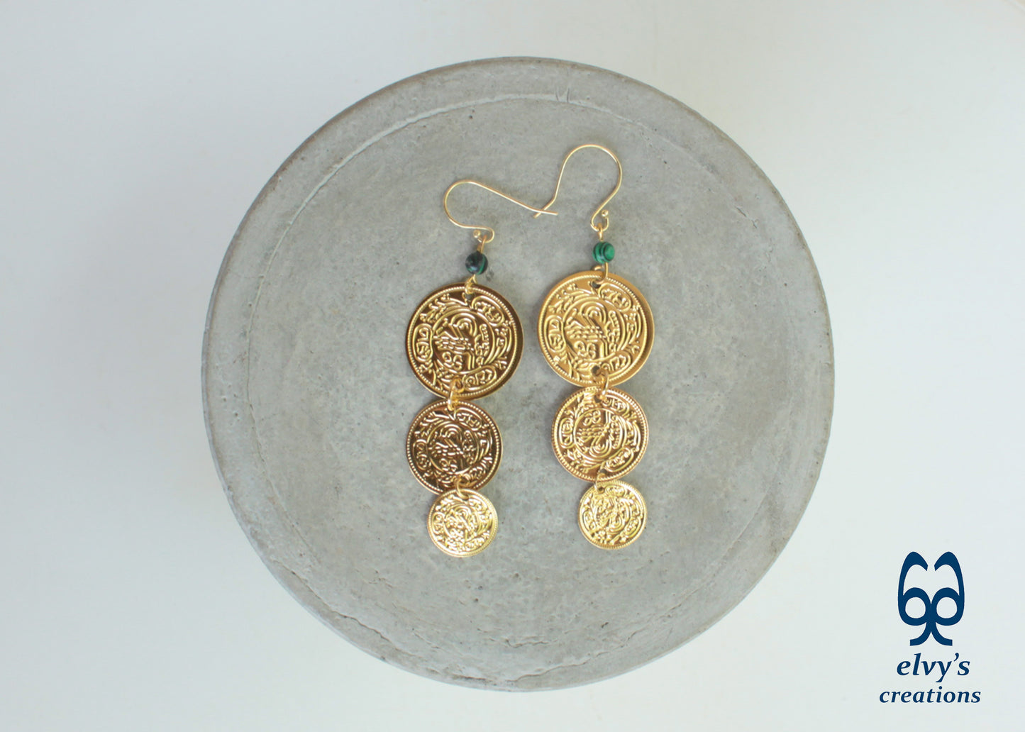 Gold Folklore Earrings, Coin Dangle Greek Traditional Jewelry, Sterling Silver Gold Plated Gypsy Jewelry, Gemstone