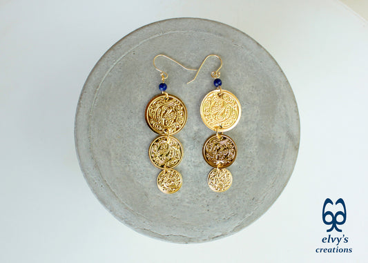 Gold Folklore Earrings, Coin Dangle Greek Traditional Jewelry, Sterling Silver Gold Plated Gypsy Jewelry, Gemstone