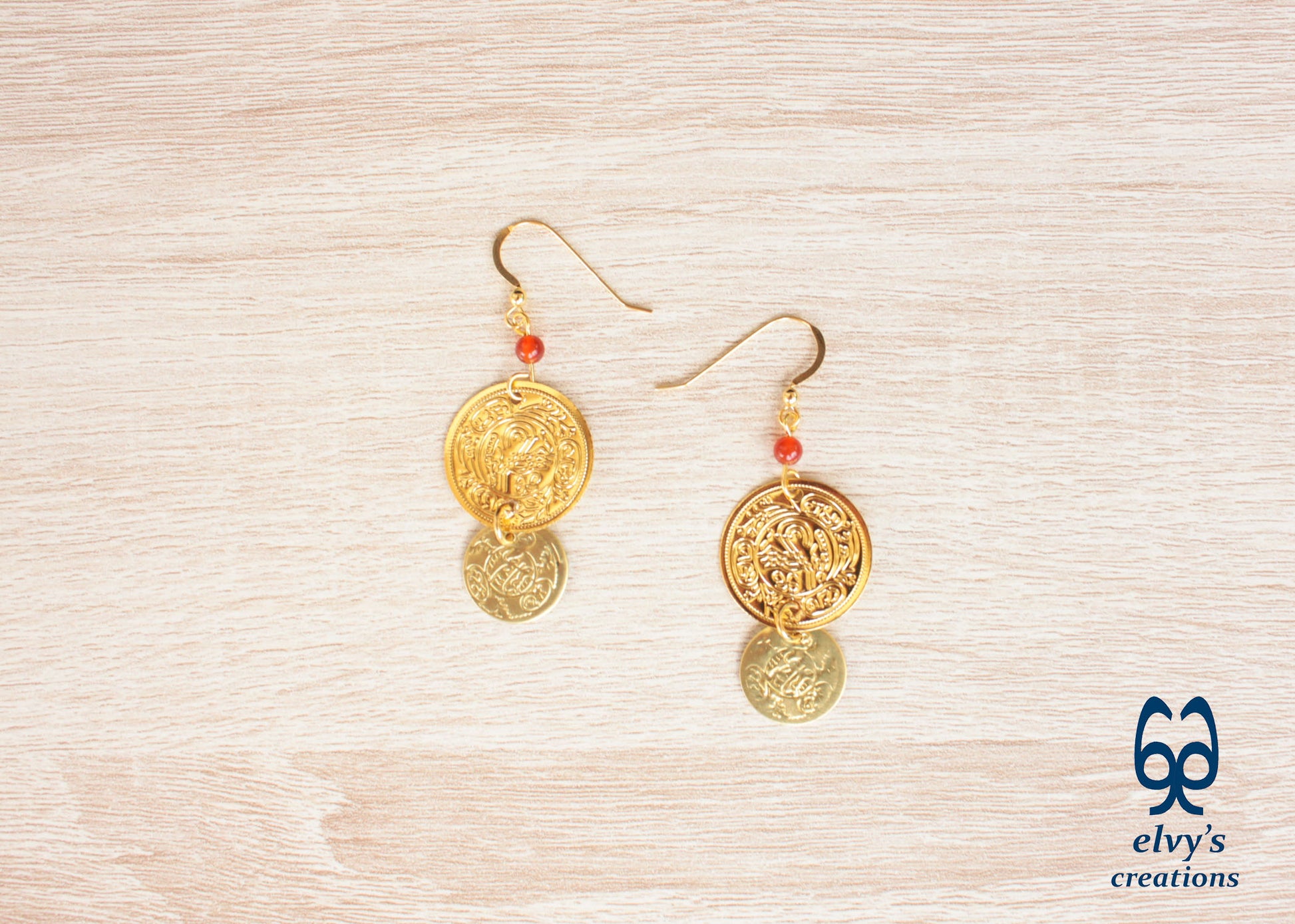 Gold Folklore Earrings, Coin Dangle Greek Traditional Jewelry, Sterling Silver Gold Plated Gypsy Jewelry, Gemstone