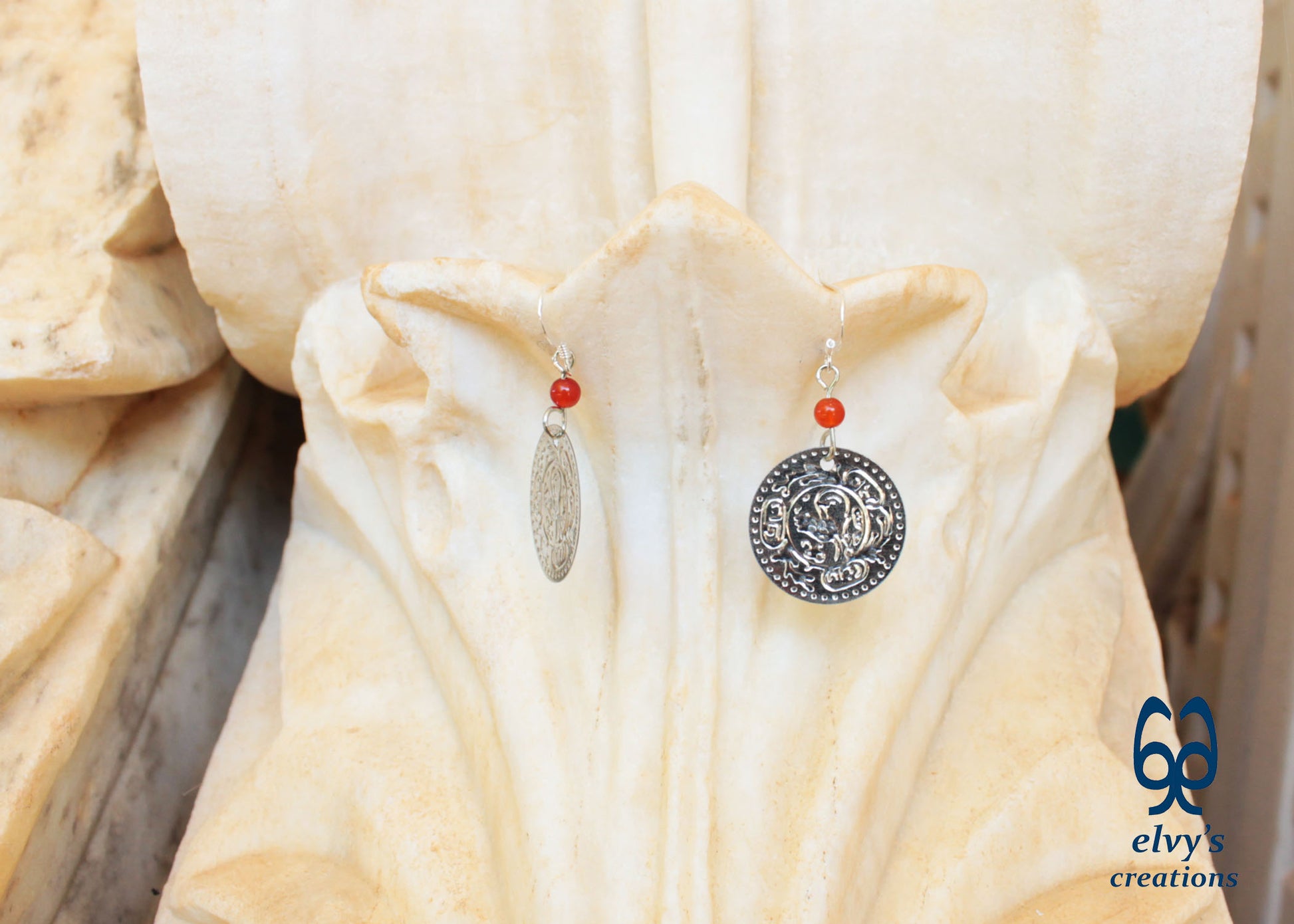 Silver Folklore Earrings Coin Dangle Drop Greek Traditional Jewelry 925 Sterling Silver Gypsy Jewelry Orange Carnelian Gemstone