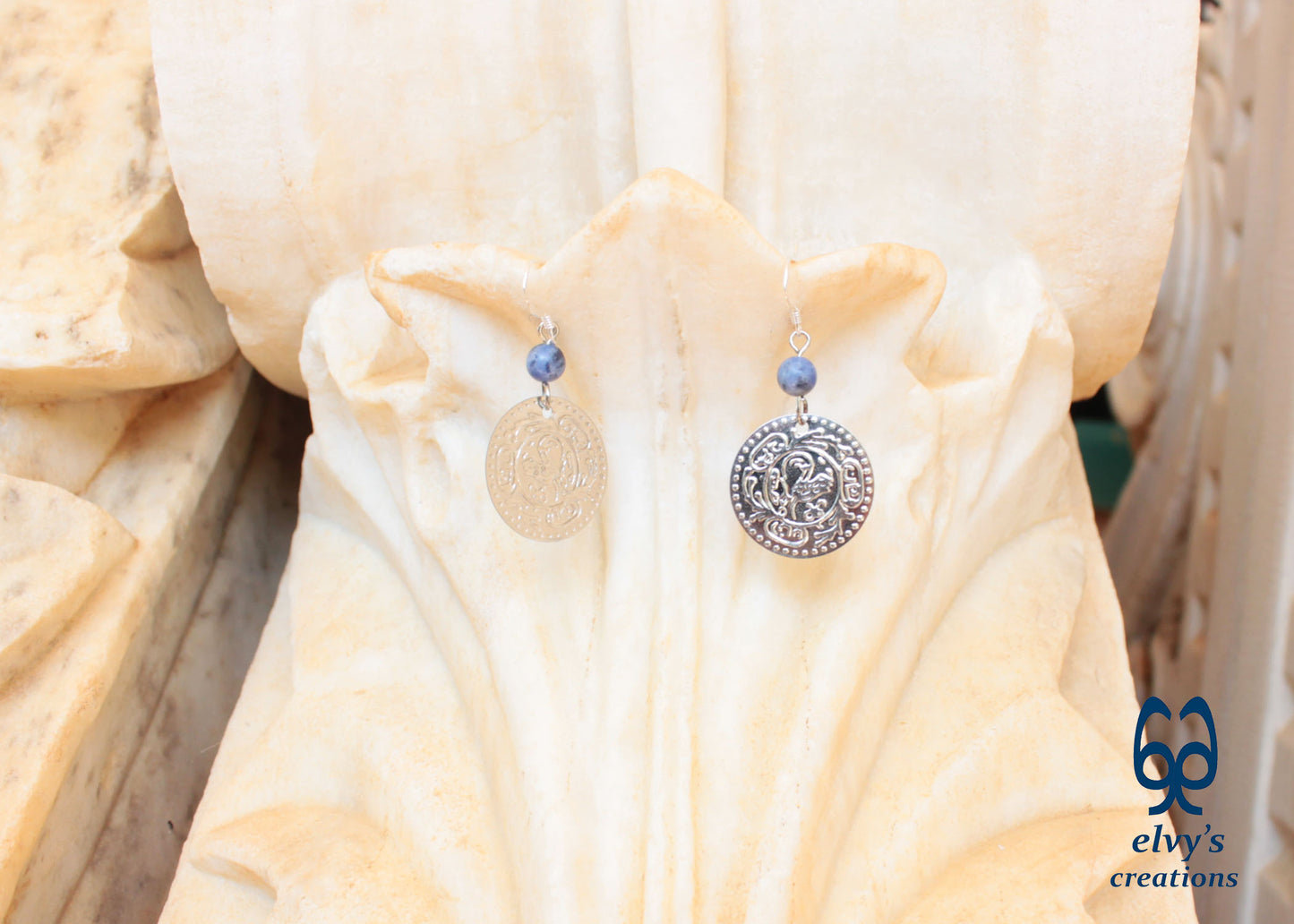 Gold Folklore Earrings Coin Dangle Drop Greek Traditional Jewelry 925 Sterling Silver Gypsy Jewelry Blue Sodalite Gemstone