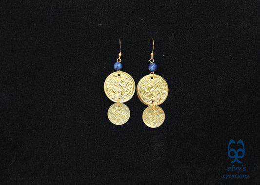 Gold Folklore Earrings, Coin Dangle Greek Traditional Jewelry, Sterling Silver Gold Plated Gypsy Jewelry, Gemstone