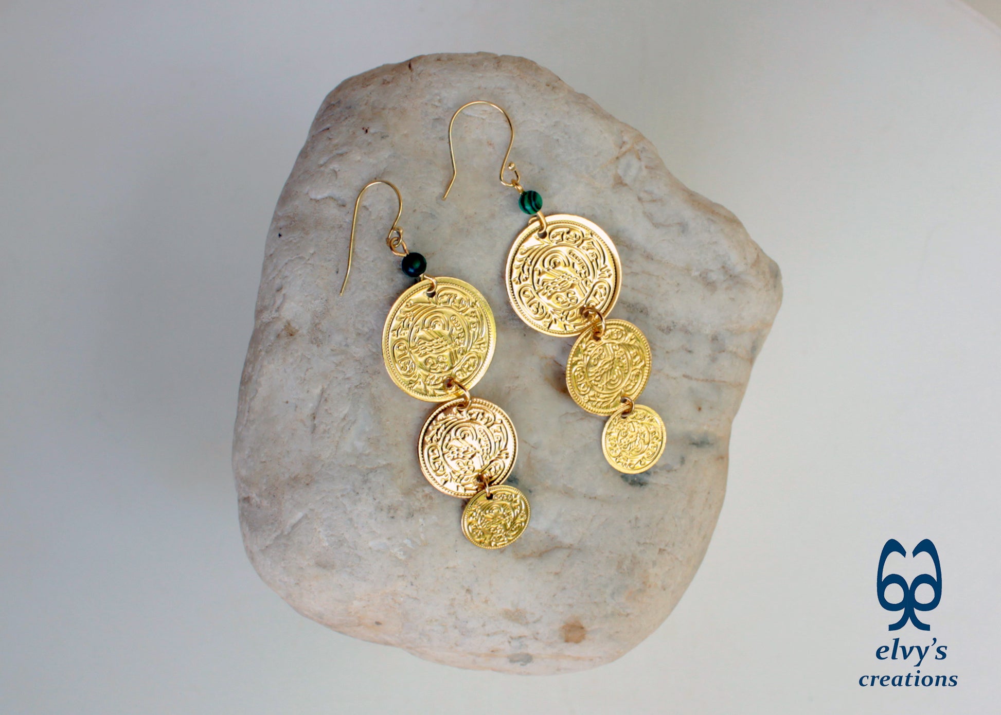 Gold Folklore Earrings, Coin Dangle Greek Traditional Jewelry, Sterling Silver Gold Plated Gypsy Jewelry, Gemstone