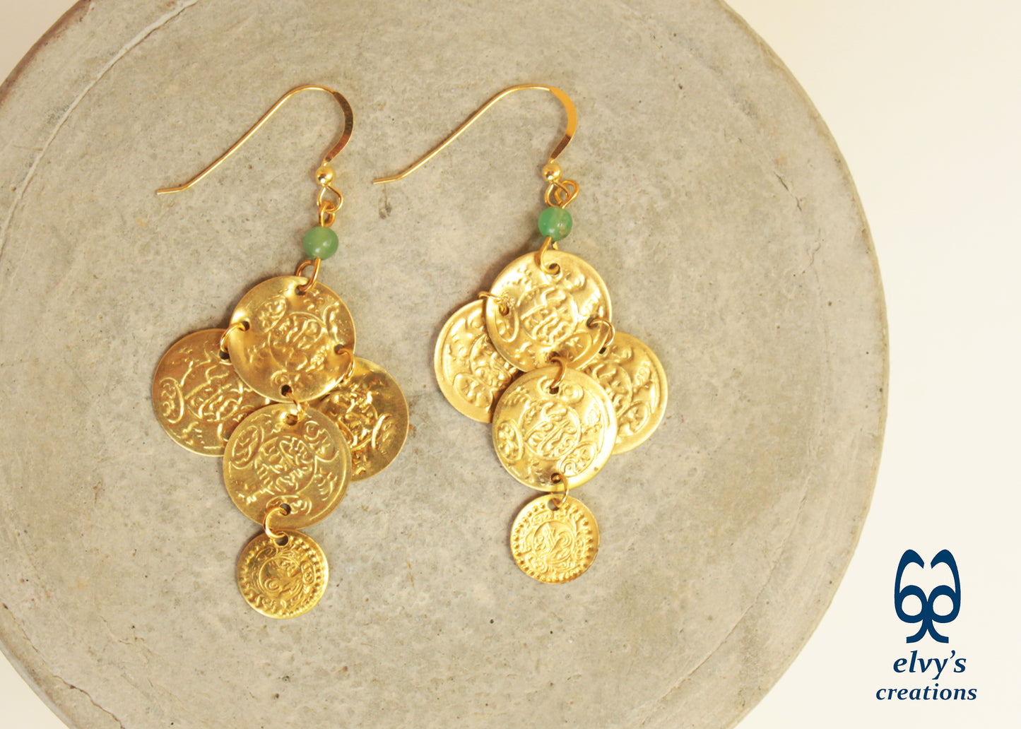 Gold Folklore Earrings, Coin Dangle Greek Traditional Jewelry, Sterling Silver Gold Plated Gypsy Jewelry, Gemstone