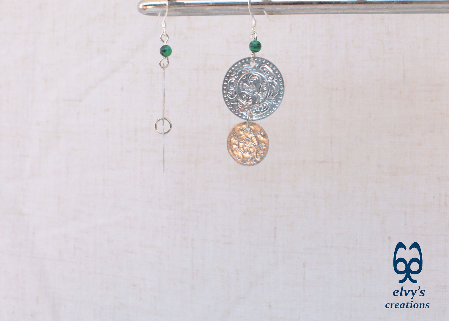 Silver Folklore Earrings Coin Dangle Drop Greek Traditional Jewelry 925 Sterling Silver Gypsy Jewelry Green Malachite Gemstone