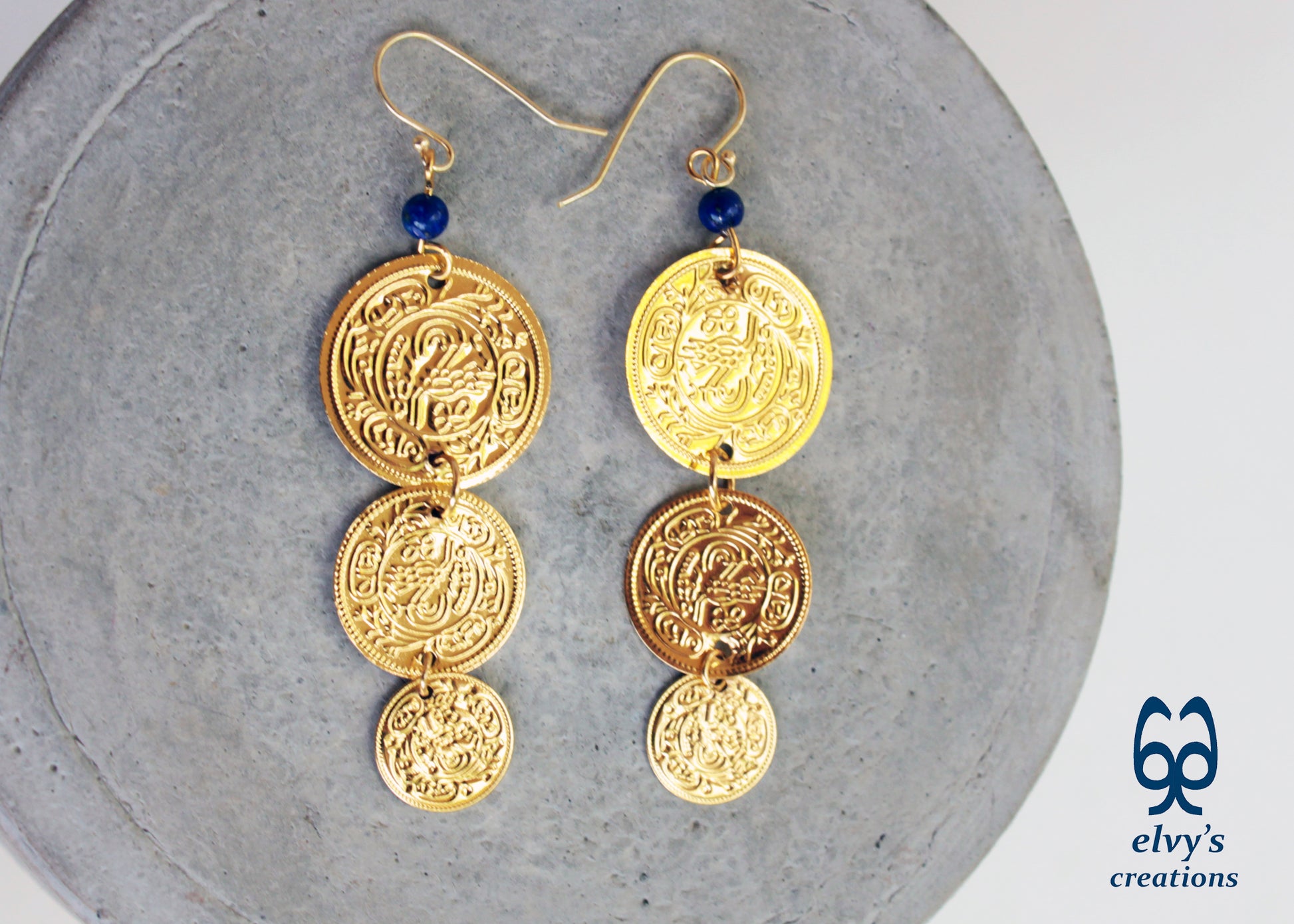 Gold Folklore Earrings, Coin Dangle Greek Traditional Jewelry, Sterling Silver Gold Plated Gypsy Jewelry, Gemstone