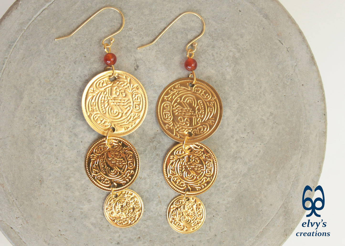 Gold Folklore Earrings, Coin Dangle Greek Traditional Jewelry, Sterling Silver Gold Plated Gypsy Jewelry, Gemstone