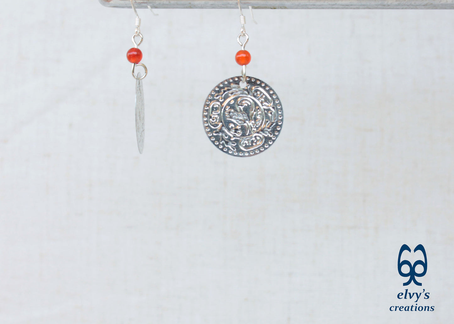 Greek Silver Traditional Earrings with Carnelian Gemstones