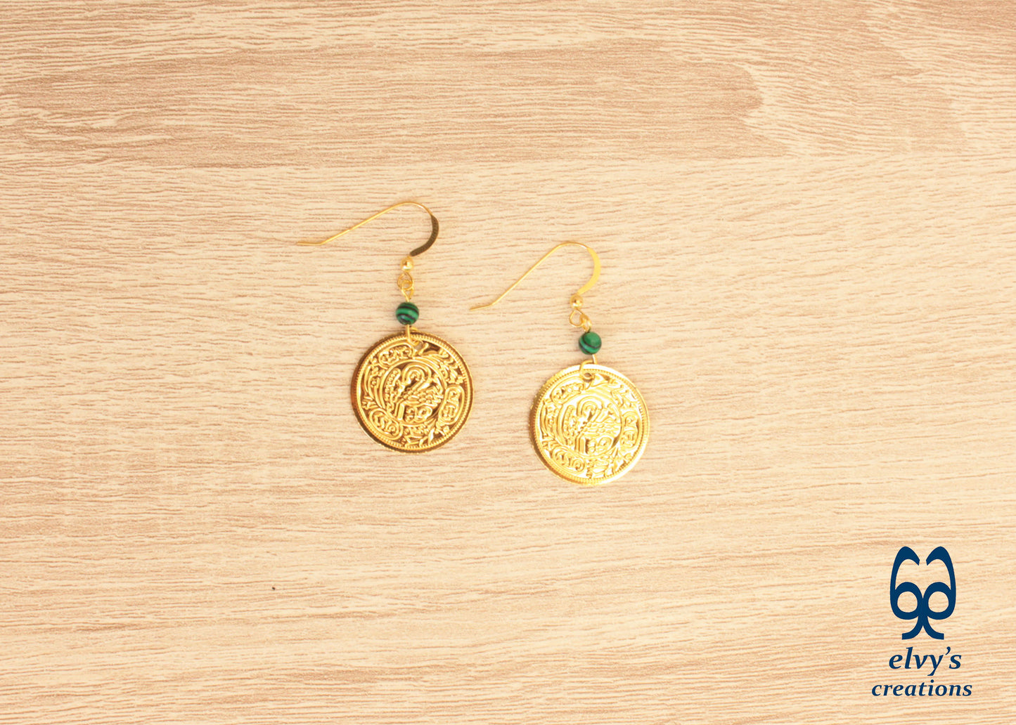 Gold Folklore Earrings Coin Dangle Drop Greek Traditional Jewelry 925 Sterling Silver Gold Plated Gypsy Jewelry Green Malachite Gemstone