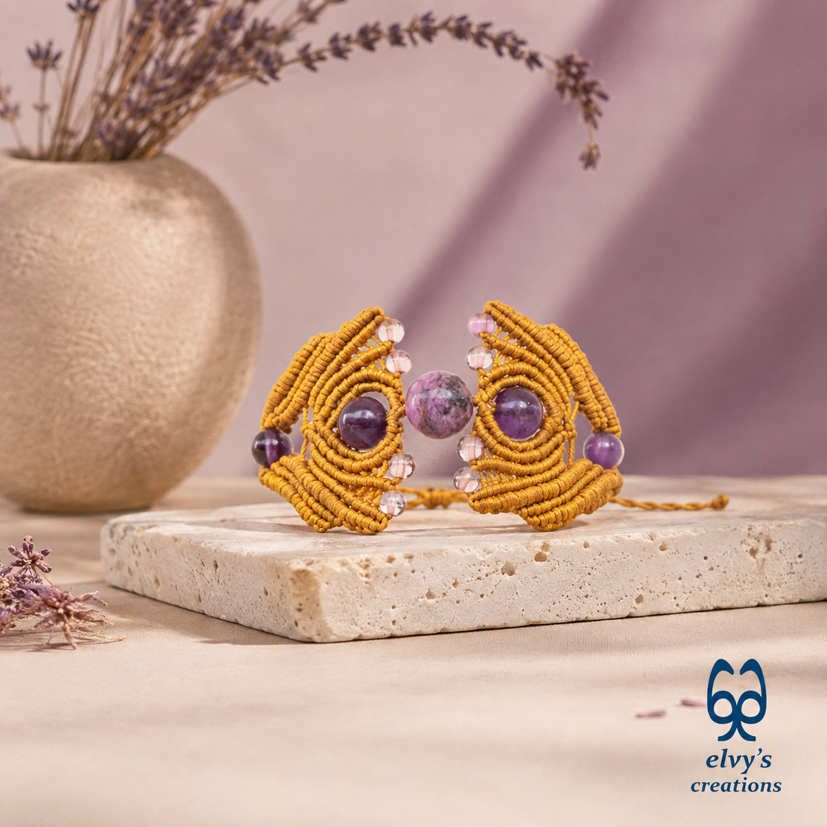 Handmade macrame cuff bracelet with Amethyst Gemstones