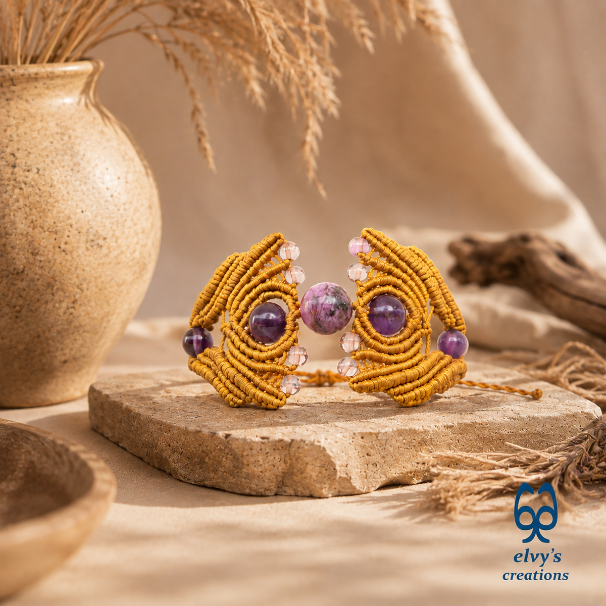 Handmade macrame cuff bracelet with Amethyst Gemstones