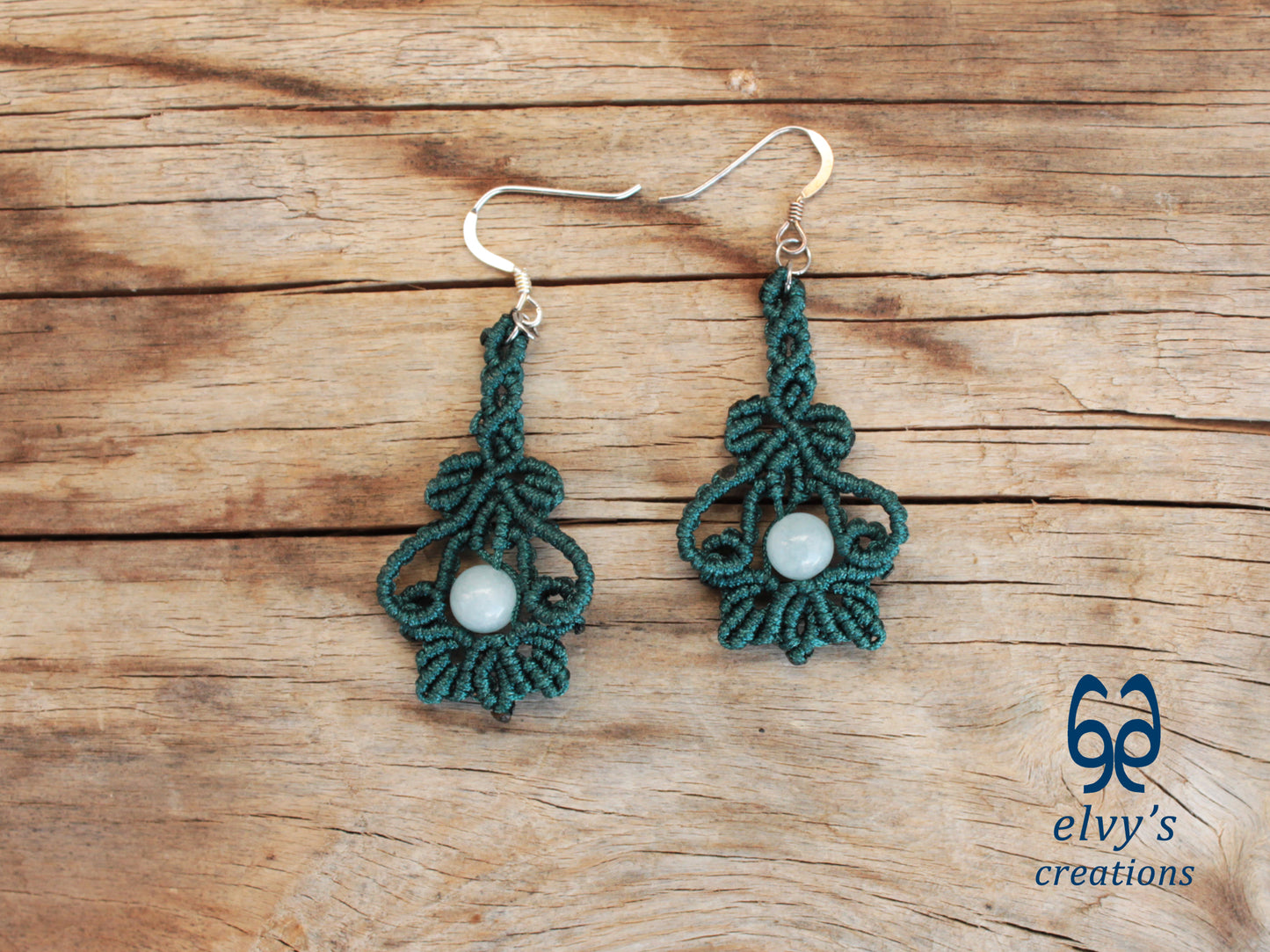 Handmade Emerald Green Macrame Earrings with Aquamarine Gemstones 