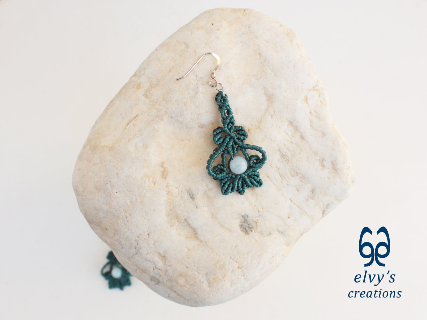 Handmade Emerald Green Macrame Earrings with Aquamarine Gemstones 