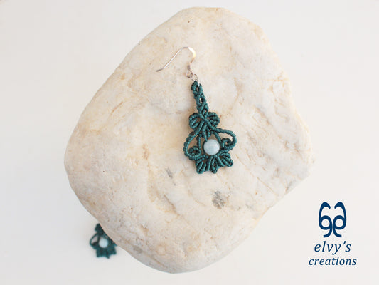Handmade Emerald Green Macrame Earrings with Aquamarine Gemstones 