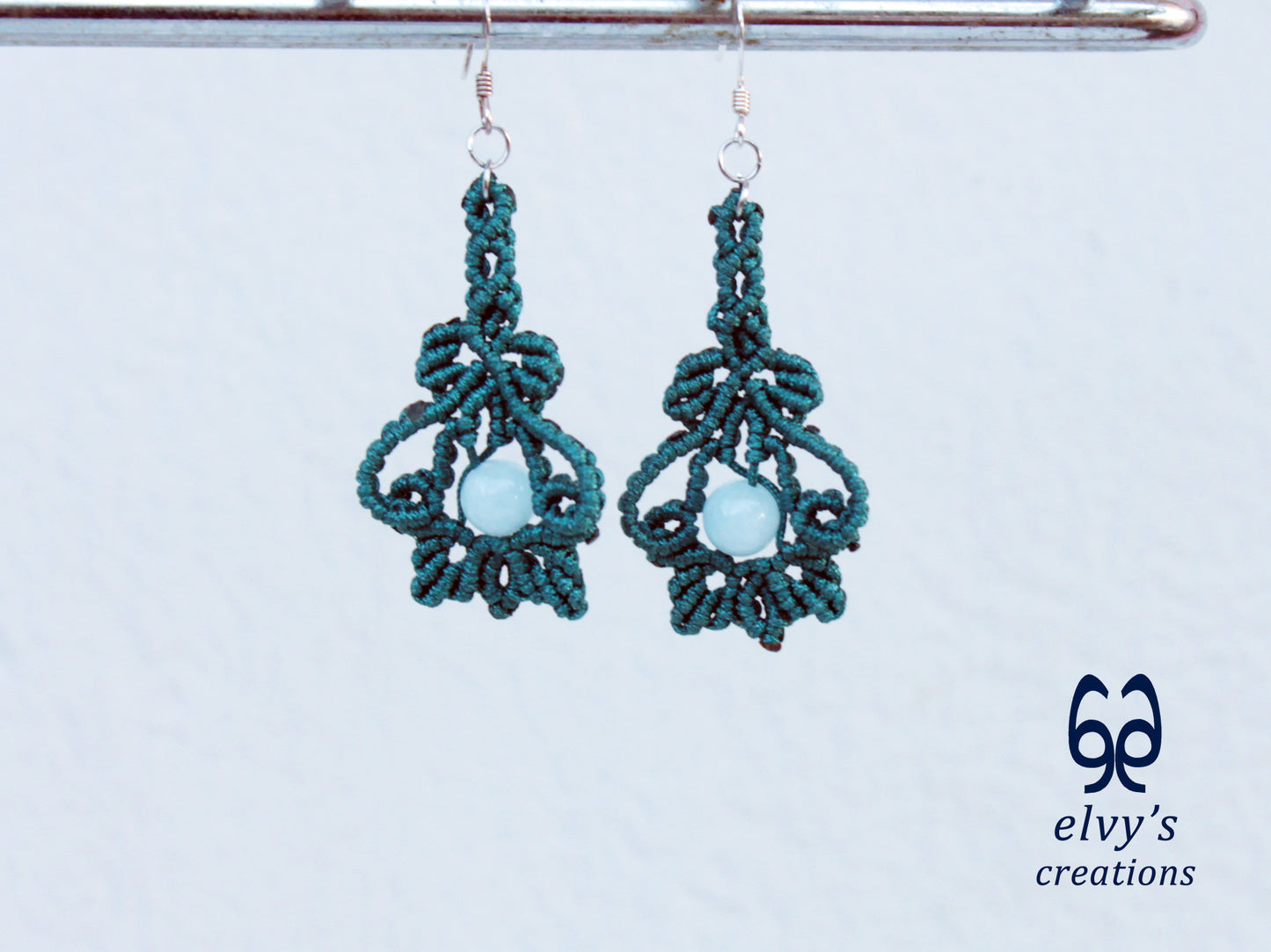 Handmade Emerald Green Macrame Earrings with Aquamarine Gemstones 