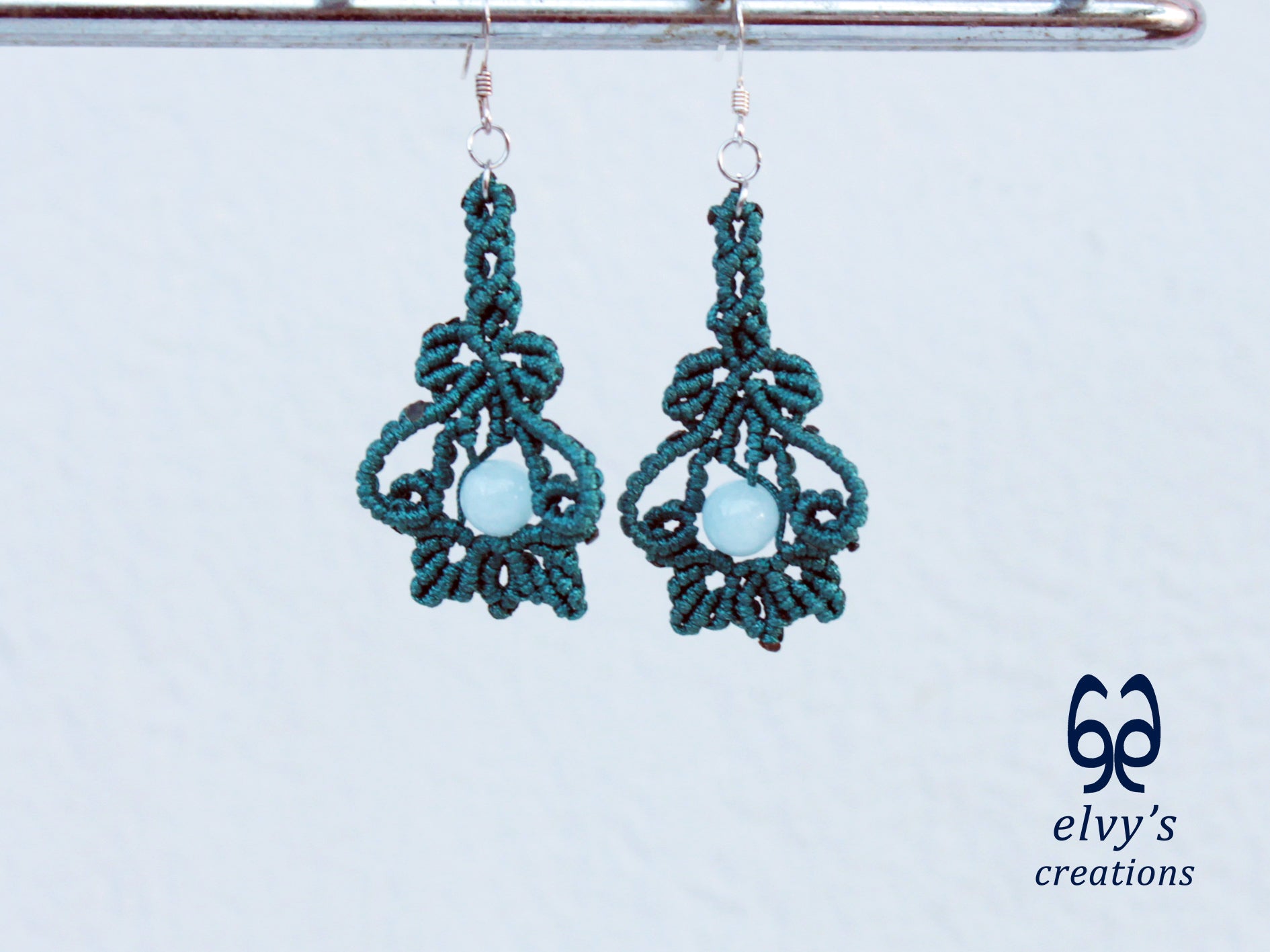 Handmade Emerald Green Macrame Earrings with Aquamarine Gemstones 