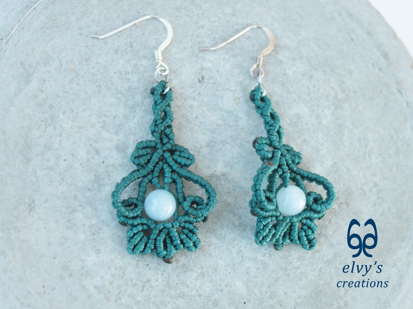 Handmade Emerald Green Macrame Earrings with Aquamarine Gemstones 